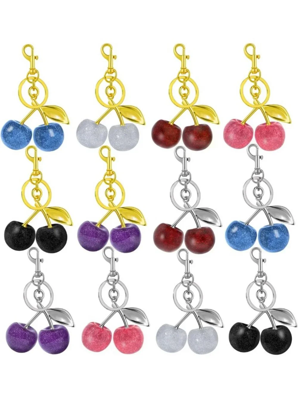 12 Pcs Cherry Bag Charms Set, Bling Gold & Silver Keychains for Bags